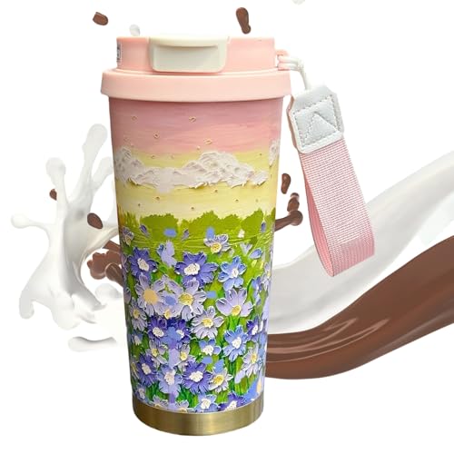 Termico Cafe Antigoteo Para Coche - 500ml Taza Térmica De Acero Inoxidable | Taza De Viaje | Botella De Agua Con Estampado Floral | Dos Modos De Bebida | Con Cordón Y Tapa, A Prueba De Fugas, Para Beb