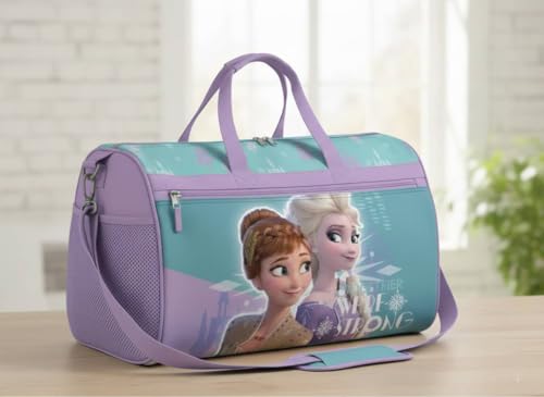 Image of Disney Frozen Girls' Duffle Bag - Elsa & Anna Travel Gym Bag with Adjustable Strap, Mesh Side Pockets & Zipper Pocket