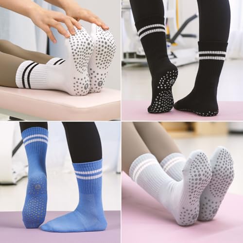 Image of Toes Home Pilates Socks for Women with Non Slip Grippers, Yoga Crew Socks for Barre Hospital Sticky Slipper Socks 4 Pairs