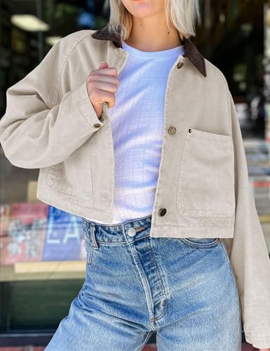 APAFES Women's Cropped Barn Jacket Corduroy Collar Button Down Long Sleeve Short Coat with Pockets2