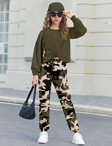 Image of NECIOUS Girls Fall Outfits 2 Piece Fashion Twist Front Pullover Sweatshirt and Camo Pants Clothing Sets 5-14Y