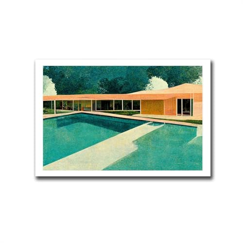 AnenaXean Canvas Painting Poster and Print Hockney House And Big Pool Green Hallway Art Print Living Room and Bedroom Decoration 20x30inch