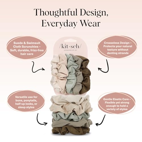 Image of Kitsch Scrunchies for Women - No Crease Hair Ties for Girls | Scrunchies For All Hair Types and Textures, Perfect for Day or Night | Ideal Gifts for Women - Moss Green, 5 Pcs