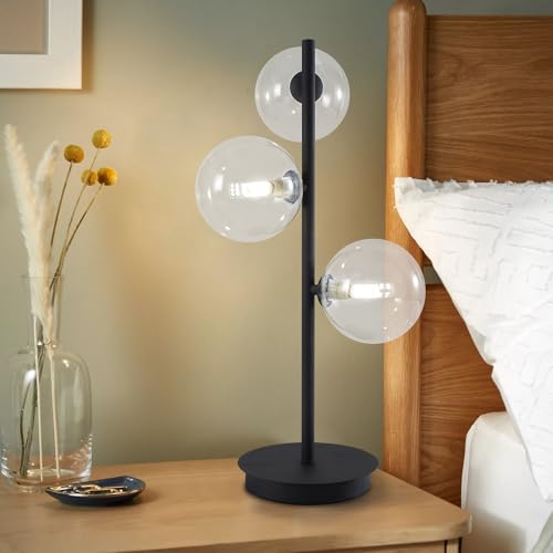 Image of 3-Light Black Table Lamp, Mid Century Nightstand Lamp with Clear Glass Globe Shade, Contemporary Bedside Lamp for Bedroom Living Room Study Room