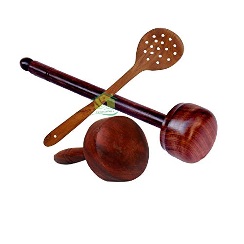 FA INDUSTRIES® Wooden Ghotna Hand Blender Mixer (Dal/Saag/Lassi) & Kitchen Spoon Utensil/Wooden Hand Press Masher for Kitchen Use (Set of 3) (Option-B)