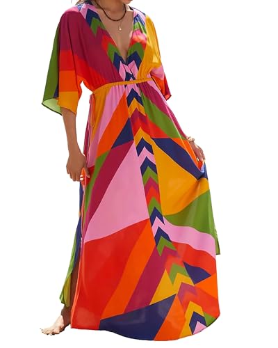 Bsubseach Robe de Plage Femme Tunique Caftan Grande Taille Avec Cordon Kaftan Bohème Maxi Longue Djellaba Eté Géométrie Colorée