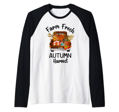 2mDk Truck Gnome Farm Fresh Autumn Harvest Fall Autumn Vibes Raglan Baseball Tee