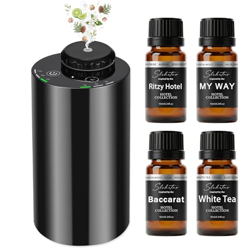 Hotel Scent Diffuser Kit – Waterless Essential Oil Diffuser with 4 Luxury Fragrance Oils, Cold Air Aroma Diffuser for Home, Bedroom, Office & Car (Hotel Scent Diffuser Kit with 4 Fragrance Oils)