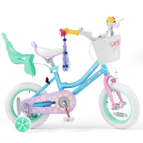 Image of KORIMEFA Girl Bike with Training Wheel, Age 3-12 Princess, 12 /14 /16 /20in | Kids Gift for Ride on Toy, with Basket /Streamers, Coaster Brake, Multi Colors
