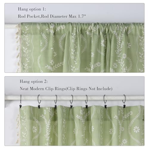 Image of Schweek Boho Curtains 63 Inches Length 2 Panels for Living Room Sage Green | Linen Semi Sheer, Vintage Floral Bohemian Tassel Western Farmhouse Curtain Drapes for Bedroom, Dining Room, Kitchen 52 inchx 63 inch