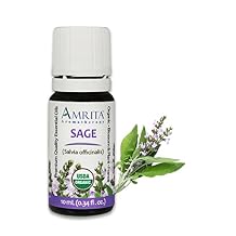 Amrita Aromatherapy Organic Sage Essential Oil, 100% Pure Undiluted Salvia officinalis, French, Therapeutic Grade, Premium Quality Aromatherapy Oil, Tested & Verified, 10ML