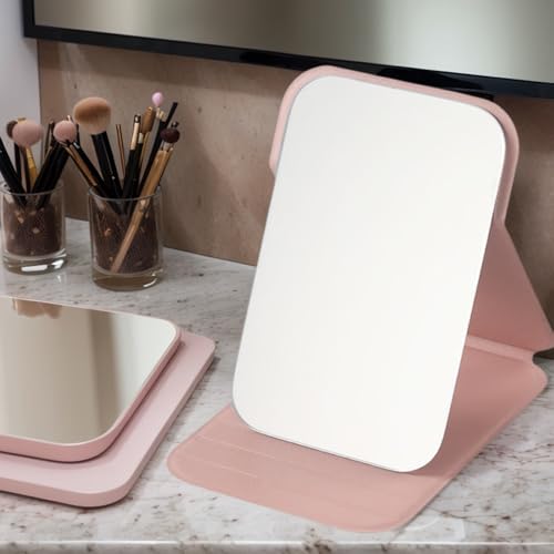 Espelho de viagem compacto pessoal - lente rosa com moldura de poliuretano, dobrável para facilitar a portabilidade