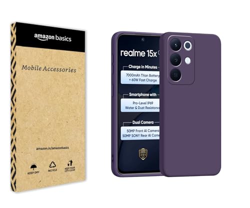 Image of amazon basics Back Cover for Realme 15X 5G | Ultra Slim Soft Rubberised Case | Matte Silicone Flexible Mobile Case | Camera Protection - Purple