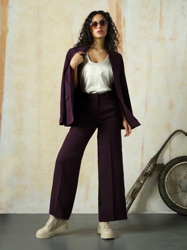 Image of High Star Women High Rise Solid Regular Length Wide Leg Casual Trousers