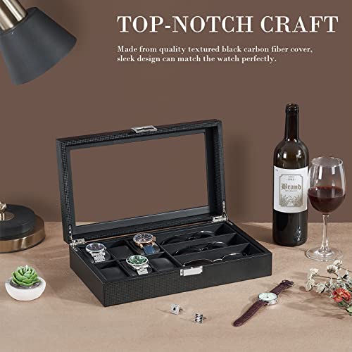 Bewishome Watch Box Sunglass Organizer With Real Glass Top, 6 Watch Case And 3 Slots Sunglasses Box For Men, Carbon Fiber Design, Black Ssh18C #TOP1