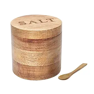 dudki Wooden Salt Box with Magnetic Lid & Wooden Spoon| Round Salt Container| Bowl Pot Jar Salt Box | Mango Wood for Dinning Table| Kitchen Home| Seasonings