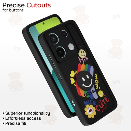 Image of Pikkme Back Cover for Redmi Note 13 Pro 5G / Poco X6 5G | Soft Silicone| Cute Rainbow Smile & 3D Cartoon Flower Design | Shockproof Raised Camera Protection Bumper Case (Black)