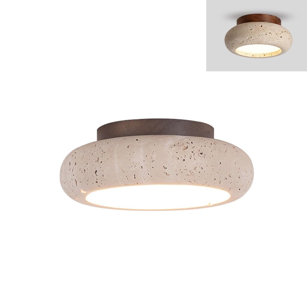 BBWO LED Wooden Ceiling Light Small Natural Stone Ceiling Lamp Rustic-Style Hallway Light Vintage Kitchen Lamp Wabi-Sabi Style Suitable for Lighting in Bedroom Living Room Stairwell(B,15cm)