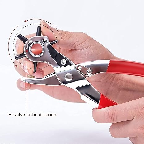 Image of Leather Hole Punch Tool Set -6 Size Revolving Leather Belt Hand Hole Puncher for Belts, Watch Bands, Straps, Dog Collars, Saddles, Shoes, Fabric, DIY Home or Craft Projects (9'', Silver /Red)