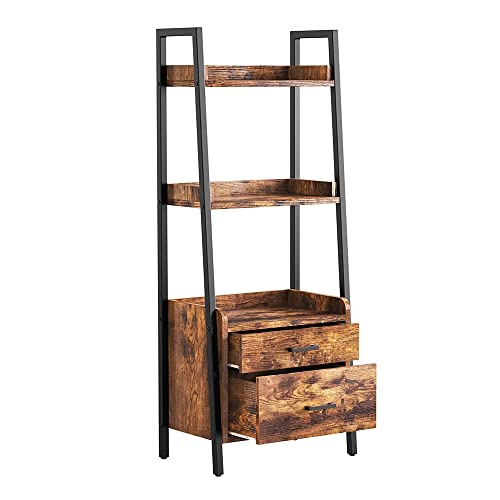 Fabato 3-Tier Ladder Shelf Bookcase With 2 Drawer Organizer Display Shelves Freestanding Bookshelf With Metal Frame For Living Room Office Kitchen Rustic Brown #TOP4