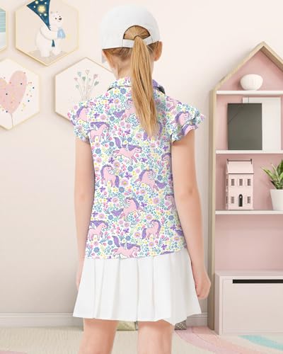 Image of Soneven Girls Ruffle Sleeve Polo Shirts V-Neck Golf Tennis T-Shirts Uniform Shirts Quick Dry for 4-14 Years