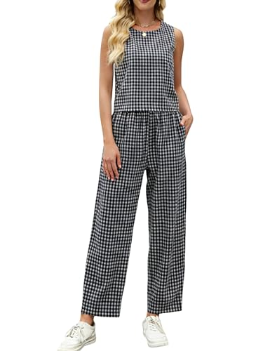 Tanming 2 Piece Sets for Women Summer Gingham Plaid Tank