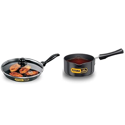 Hawkins Futura Nonstick Frying Pan with Glass Lid, Capacity 1.5 Litre, Diameter 26 cm, Thickness 3.25 mm, Black (NF26G) Futura Hard Anodised Saucepan, Capacity 1.5 Litre, Diameter 16 cm, Thic