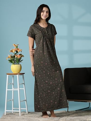 Image of 9shines Label Stylish Cotton Blend Embroidered Maxi Nightdress for Women with Pocket| Full Length Nightwear| Premium Nightdress| Comfortable Nightwear(5256)