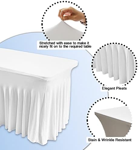 Dololoo Spandex Table Skirts 6ft for Rectangle Table, Table Cover for 6ft Table with Skirt, Fitted Rectangular Stretchable Table cloth for Wedding Party Exhibitions Cocktail Bar Patio Craft- White