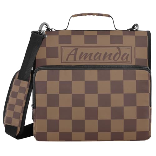 Image of Custom 3 Ring Zipper Binder Brown Checkerboard B Personalized Name 1.5 inch Binders Large Capacity Multi Pockets for School Office Supplies