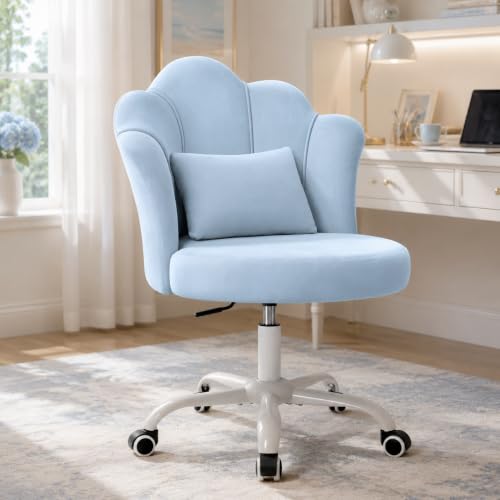 BestGlory Petal Vanity Chair with Wheels, 3.15" Extra Thick Comfy Makeup Chair, Adjustable Modern Swivel Armless Desk Chair for Girls Women, Aesthetic Small Office Chair for Bedroom Dorm, Blue