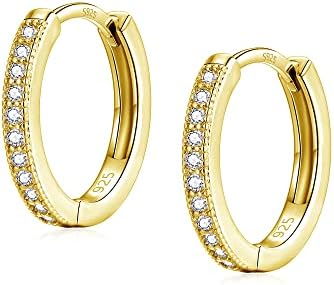 SAKUNALA Silver Hoops Earrings for Women, 925 Sterling Silver Small Sleeper Hoop Earrings, Silver Huggie Hinged Earrings, Hypoallergenic Cubic Zirconia Hoop Earrings, Silver / Gold / Rose Gold