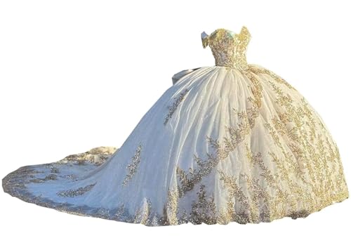 2025 Gold Embellishment White Wedding Quinceanera Prom Dresses for Bride Women Long Train Lace