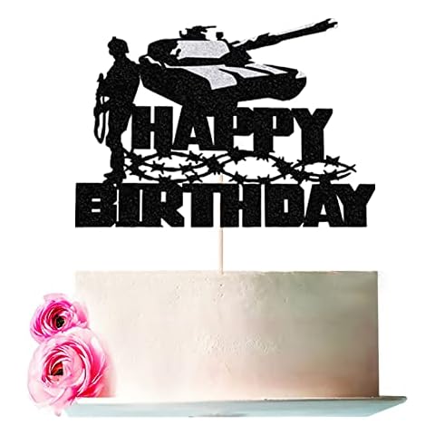 Bejotaa Black Glitter Silver Tank Soldier Cake Topper, Happy Birthday Veteran's Day Cake Topper,Military Themed Cake Topper (black and silver) Cover