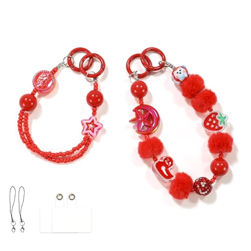 Phone Charm with 3D Handpainted Bead, Kawaii Hands-free Wrist Strap for Women Girl, Anti-lost Keychain, Cute Bag Charms Joyful Series- Red(2 pcs)