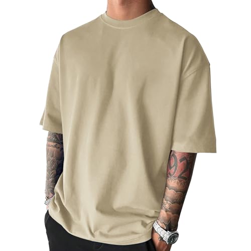 Men's Fashion Oversized Tshirts Workout Short Sleeve T-Shirt Dry Fit Lightweight Crewneck Tee Tops, Light Khaki, 3X-Large