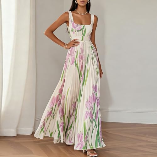 Robe Longue Femme Chic et Elegant Plissée à Fleurs sans Manches Col Carré pour Mariage Soirée Cocktail Robe Mariage Invitée Fluide Légère Taille Haute Taille 36 38 40 42 44,Violet,S,f729r – vue 3