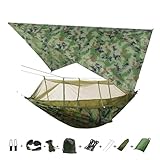 AWHZngE Camping Hammock with Mosquito Net&Rainfly Tent Tarp Tree Straps,Portable Nylon Hammock Tent for Camping Hiking Backyard Travel for Terrace, Outdoor(Camou and Camou)