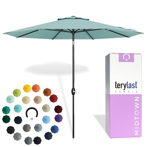Image of Midtown Umbrellas - 10-Year-No-Fade 6 Ft Patio Umbrella with Terylast Fabric, Auto-Tilt Aluminum Frame and 8 Reinforced Ribs for Deck, Pool, Garden & Beach - Aqua Canopy, Black Pole
