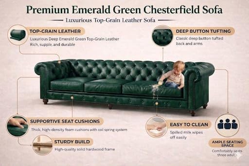 Image of Classic Leatherette Chester Sofa Set Button Tufted, Classic Style Sofa Set 3-Person Sofa for Living Room, Office, and Hallway Colour (Blue Leatherette, 3 Seater Sofa)