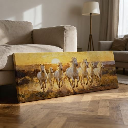 Image of SoulAbiti Vastu Seven White Horses at Sunrise Unframed 36x14 inches Rolled Canvas Wall Realism Art UV Print Painting for Living Room, Bedroom & Office Decor Premium Gloss Vivid Fade-Resistant Print