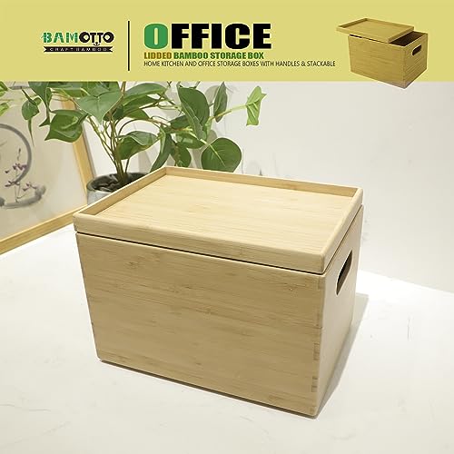BAMOTTO Lidded Bamboo Storage Bins & Box/Cube/Basket, Home Kitchen and Office Storage Boxes with Handles & Stackable for Organizer Tableware, Clothing, Toys, Office Shelf Books, 10.2”x7.3”x6.5” - Thumbnail 5