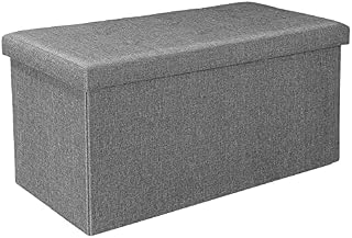 Bonlife Large Folding Grey Ottoman Storage Box with Lid,Linen Footrest Stool Bedroom Bench Seats,Toy Box Chest Living Room Furniture 76x38x38cm