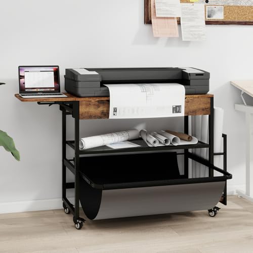 Wide Format Printer Stand with Laptop Station, Plotter Workbench Table with Pull-out Drafting Storage, Roll Paper Holder, Accessory Drawer & Adjustable Shelf for Plotters/Cutting Machines (Retro)