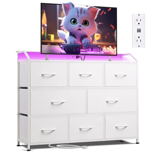Image of WLIVE Led Dresser for Bedroom, White Dresser TV Stand for Bedroom with LED Lights and Power Outlet, Wide Chest of Drawers for Hallway, 8 Fabric Drawers for Living Room and Entryway, Easy to Assemble