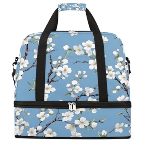 Foldable Carry On Bag for Travel, Expandable Duffle Bag with Shoe Compartment, Flower Floral White Cherry Blossom Lightweight Sports Gym Tote with Trolley Sleeve