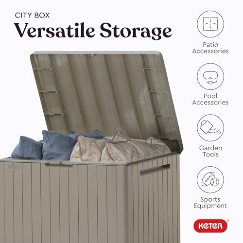 Image of Keter City 30 Gallon Resin Outdoor Storage Box and Patio Furniture Side Table for Pool and Garden Accessories, Beige