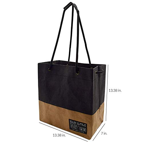 Cute Tote Bag Aesthetic - 1 Pack Large Trendy Designer Tote Bag With Handles, Black & Brown Washable Rugged Kraft Paper Shopping Bag For Women & Men, Market, Beach, Travel, Merchandise - 13.5X7X13.5 #TOP4