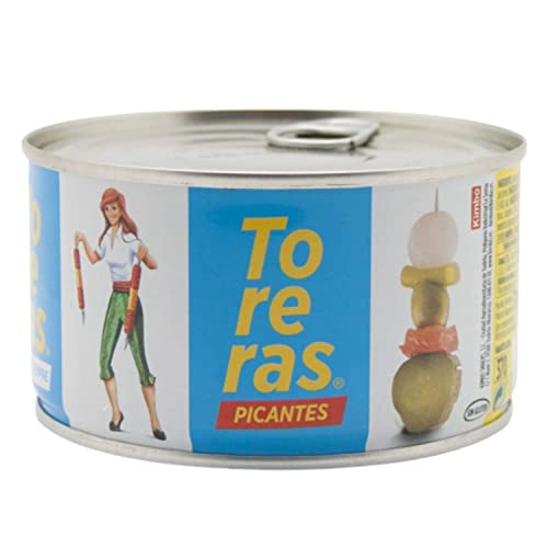 TORERAS - 2er Pack - Grüne Oliven, Paprika, Gurke, Zwiebeln in Essig - Essiggurken Oliven, Aufgespießtes Gemüse in Essig, Konserven Aufbackbrötchen, Spanien Aperitif - Pikanter Geschmack