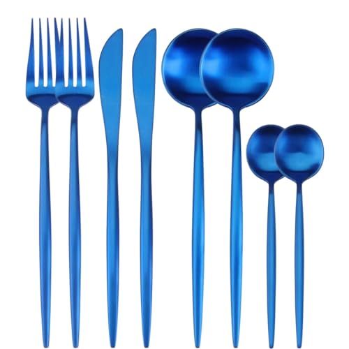 Image of 8 pcs Flatware Set, Blue Silverware Set for 2, Knife Fork Spoon, Stainless Steel Home Dinnerware Tableware,Mixed Cutlery Set Eating Utensils for Restaurants (8 Pcs Blue)